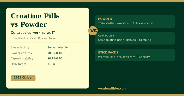 Creatine Pills vs Powder: Do Capsules Work as Well? Comparison of powder, capsules, and stick packs with cost and bioavailability data – YourHealthier 2026 Guide