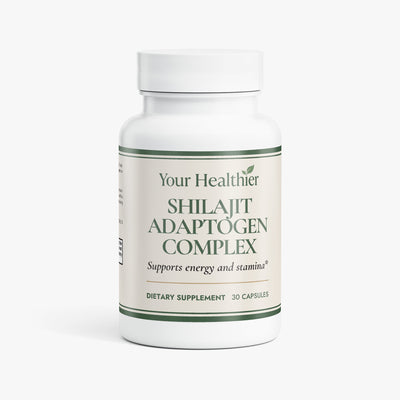 YourHealthier Shilajit Adaptogen Complex bottle front, four-adaptogen blend
