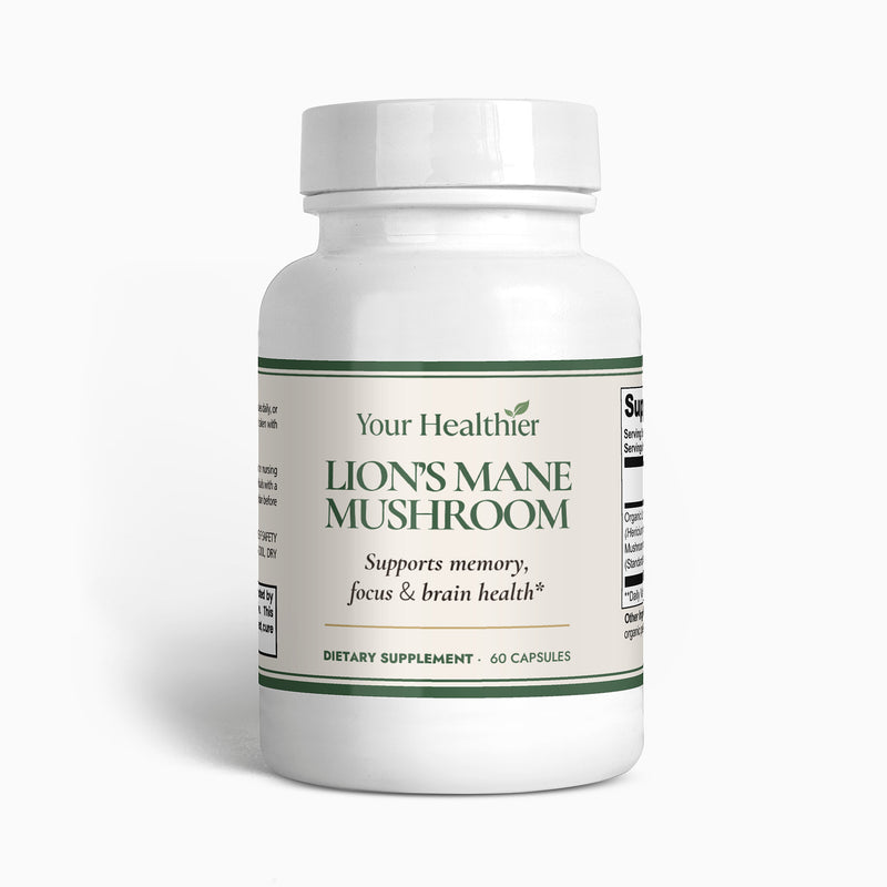 YourHealthier Lion's Mane Mushroom supplement bottle front, 1000mg per serving