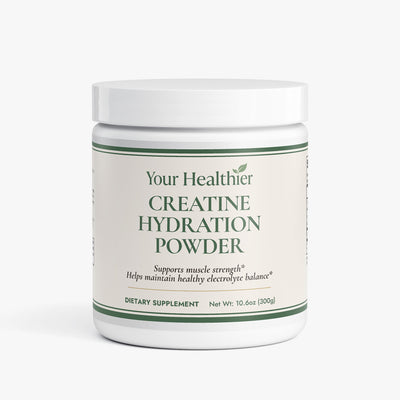 YourHealthier Creatine Hydration Powder jar front, 5000mg creatine monohydrate per scoop