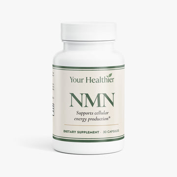 YourHealthier NMN supplement bottle front, 500mg beta-NMN NAD+ precursor per capsule