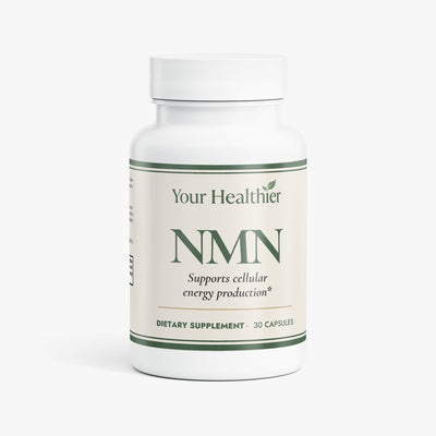YourHealthier NMN supplement bottle front, 500mg beta-NMN NAD+ precursor per capsule