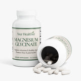 Open YourHealthier Magnesium Glycinate bottle spilling capsules