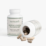 Open YourHealthier Ashwagandha Plus bottle spilling capsules
