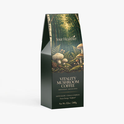 YourHealthier Vitality Mushroom Coffee medium roast bag front, Arabica with Lion's Mane and Chaga