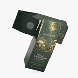 YourHealthier Mushroom Coffee retail box packaging, forest green and cream design