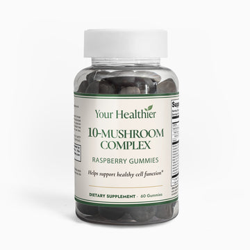 YourHealthier 10-Mushroom Complex Gummies bottle front, raspberry flavor, 60 gummies