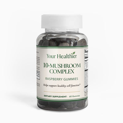 YourHealthier 10-Mushroom Complex Gummies bottle front, raspberry flavor, 60 gummies