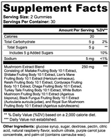 YourHealthier 10-Mushroom Complex Gummies supplement facts panel, 10 fruiting body 10:1 extracts